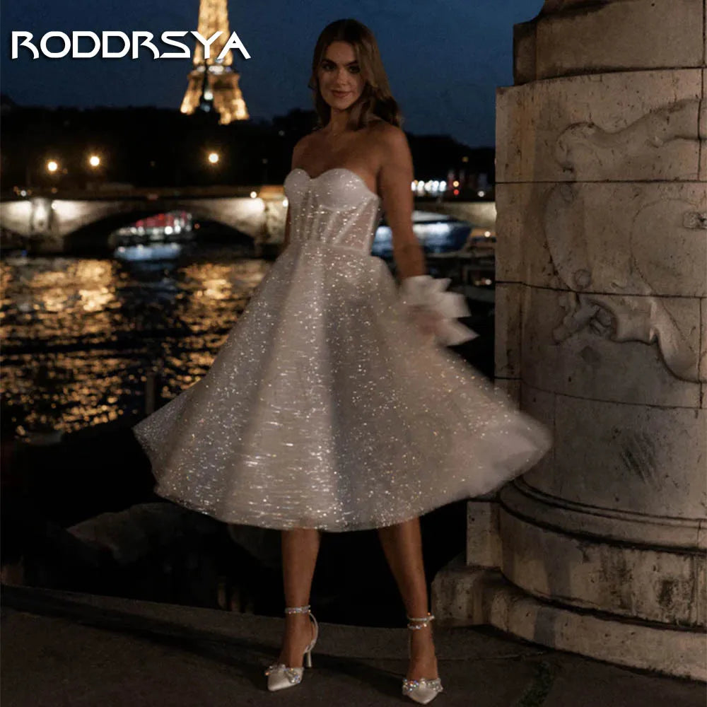 RODDRSYA Short Sparkly Wedding Dress Knee Length vestidos de novia Strapless Glitter Tulle Bride Dresses A Line Sleeveless Women