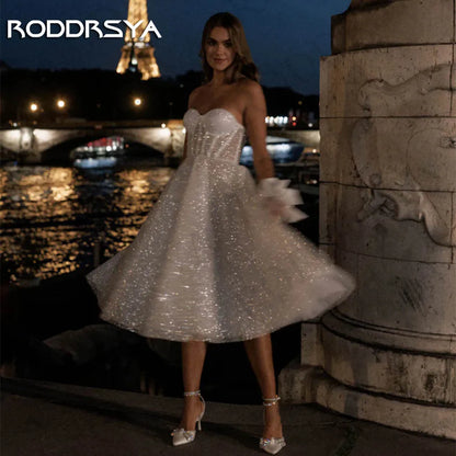 RODDRSYA Short Sparkly Wedding Dress Knee Length vestidos de novia Strapless Glitter Tulle Bride Dresses A Line Sleeveless Women