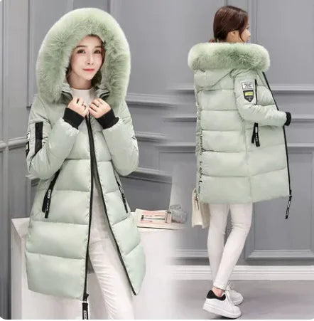 Women Winter Fur Collar Hooded Parka Coats Fashion Letter Patch Zipper Long Jacket Elegant Slim Warm Thick Female Snow Outerwear