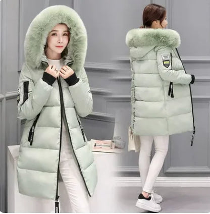 Women Winter Fur Collar Hooded Parka Coats Fashion Letter Patch Zipper Long Jacket Elegant Slim Warm Thick Female Snow Outerwear