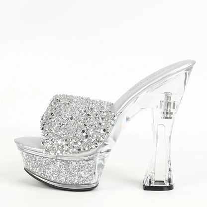 Women Slippers 14CM Luxury Party Shoes Designer Transparent Platform Summer High Heels 2024 New Glitter Sequined Stage Sandals