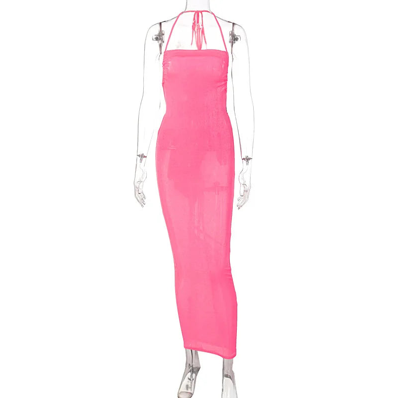 Sexy Long Shoulder Strap Open Back Backless Bodycon Maxi Dress Women Sleeveless Halter Skinny Long Dress Club Party Vestidos