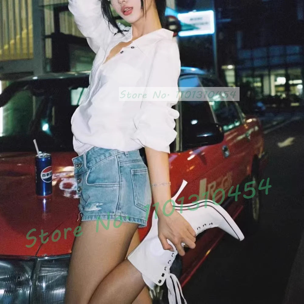 White High Heel Canvas Ankle Boots Women Front Cross-tied Pointy Toe Shoes Side Zipper Sexy Girls Sporty Casual High Top Booties