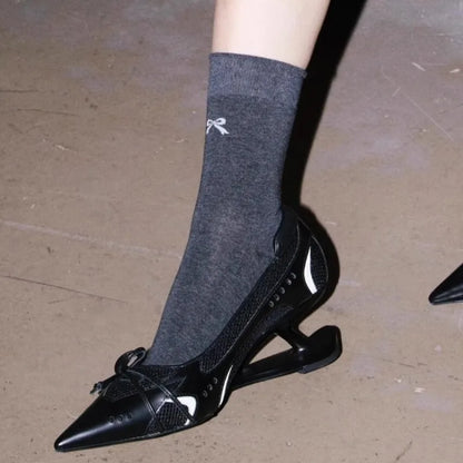 Special Heel Spliced Heels Pointed Toe Heels Women's Fashion Shallow Mouth Bow Non-Slip Mary Jane Single Shoes Large 42