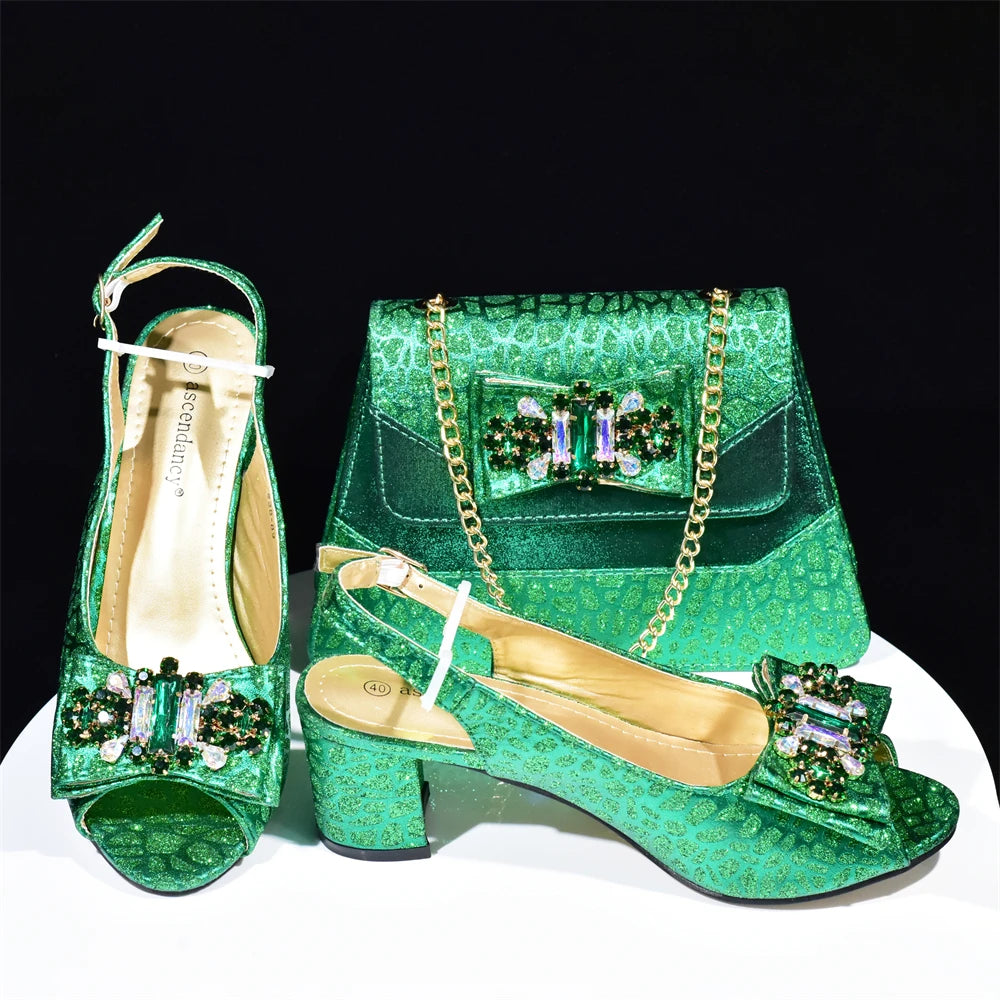 Doershow New Arrival African Wedding Shoes and Bag Set green Color Italian Shoes with Matching Bags Nigerian lady party   SMK1-1