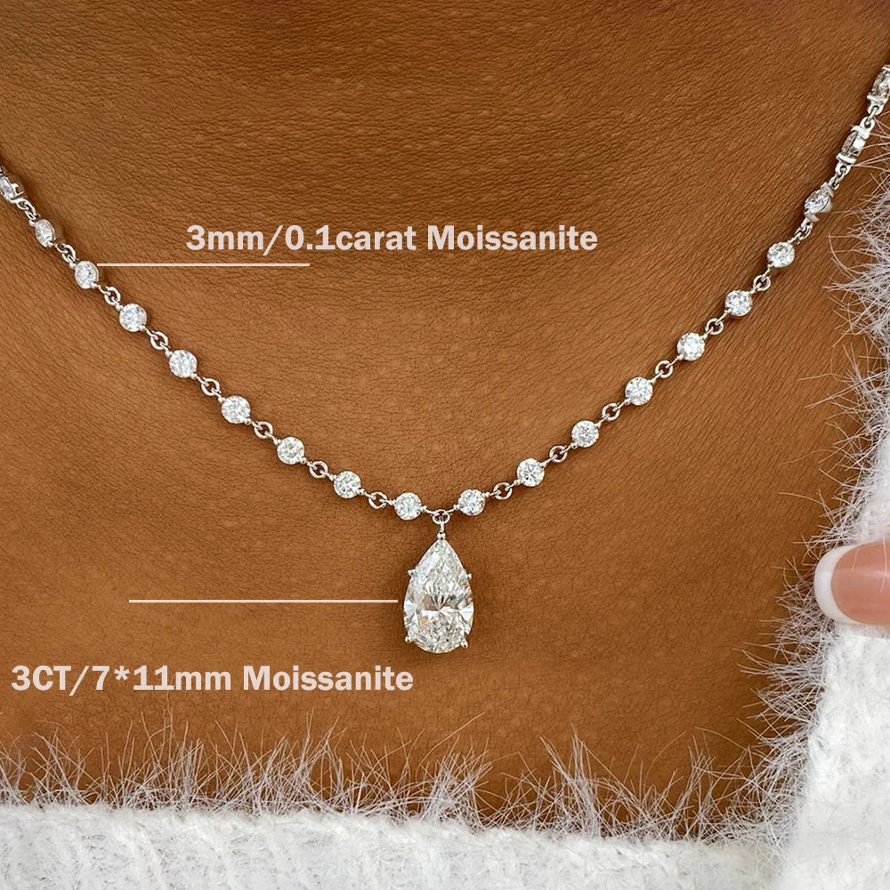 3MM Round Bubble Waterdrop Moissanite Diamond Tennis Neclace with 3ct Waterdrop Pendant NeckChain for Women 925 Silver Jewelry