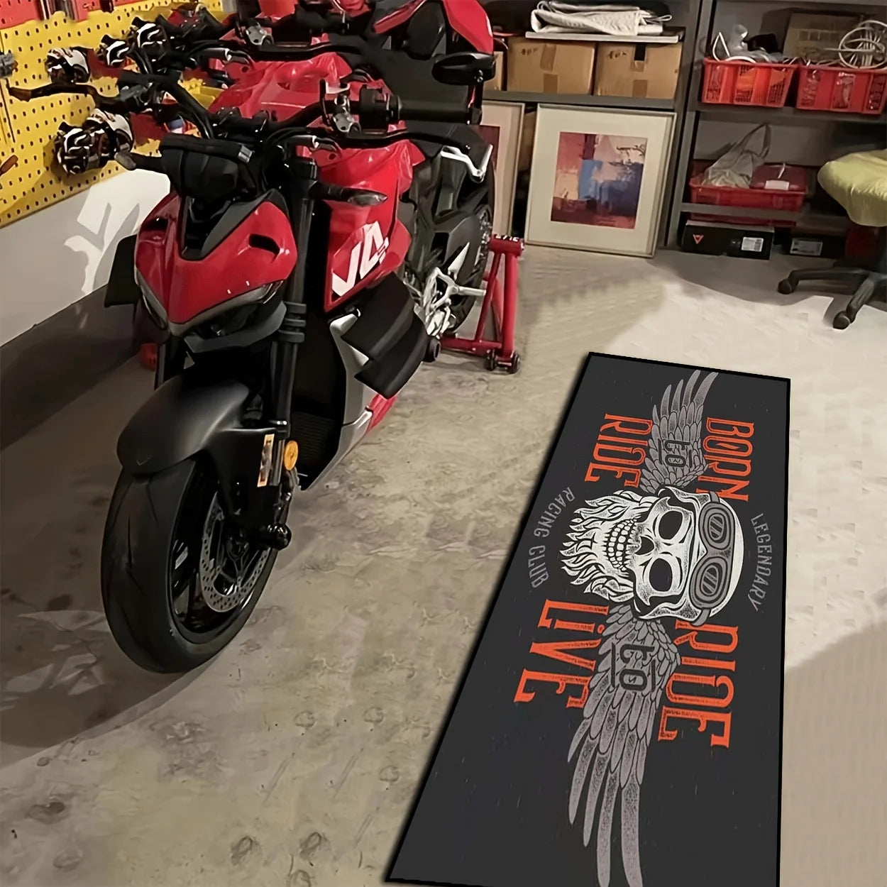 VIKAMA Black Skull Motorcycle Stripe Cool Minimalist Long Rug, Easy-to-Manage Foldable Indoor/Outdoor Printed Floor Mat