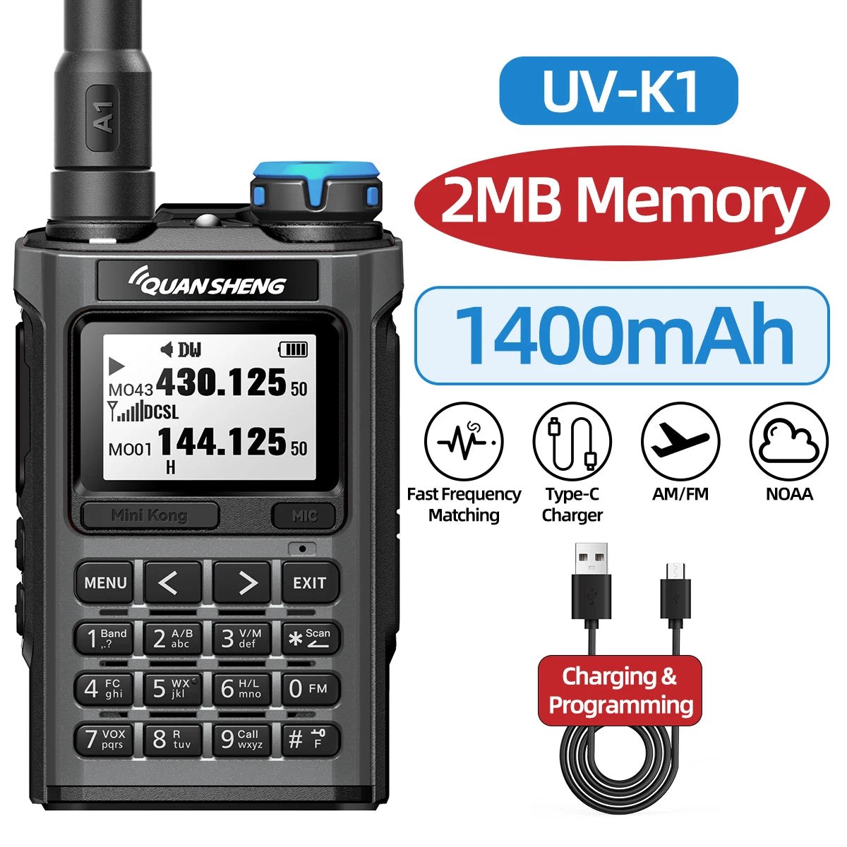 Quansheng UV-K1 Mini Walkie Talkie AM/FM Multi-Band Wireless Copy Frequency Long Range Type-C Charger For Camping UVK5 K6