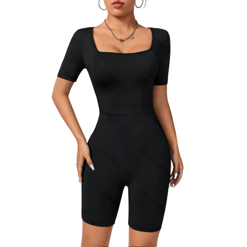 Women's Jumpsuit Suitable For All Seasons Slim Fit Simple Knit High Elasticity Square Neck Short Sleeved Top And Shorts Jumpsuit