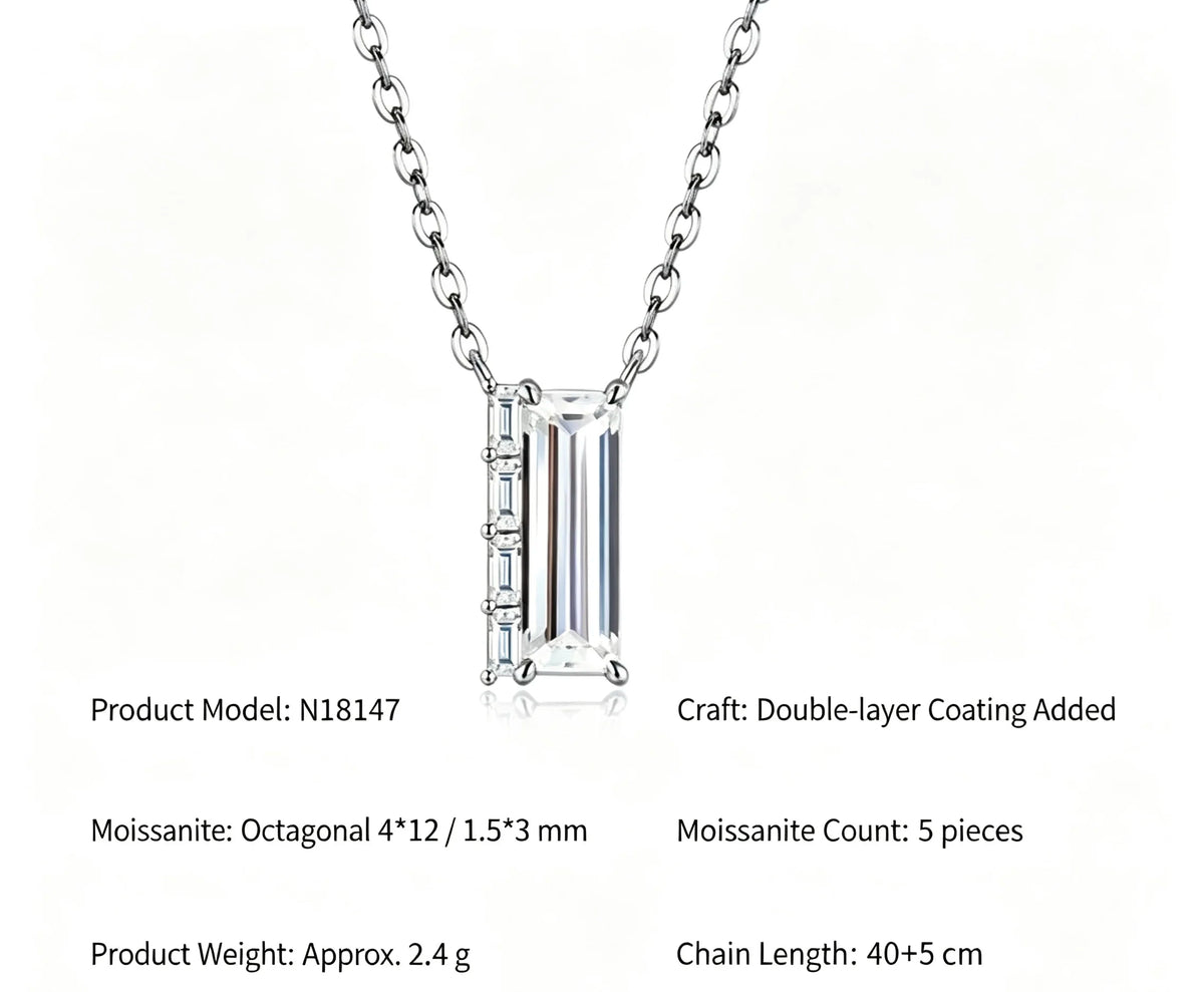 S925 Sterling Silver D‑Color Moissanite Necklace, Emerald Cut & Baguette Stones, GRA Certified Hypoallergenic Gift for Women