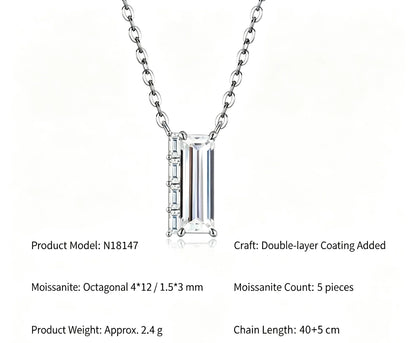S925 Sterling Silver D‑Color Moissanite Necklace, Emerald Cut & Baguette Stones, GRA Certified Hypoallergenic Gift for Women