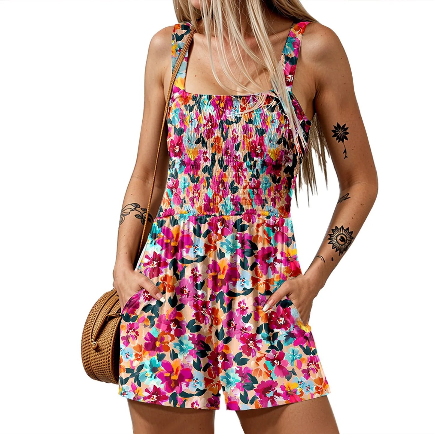 Ladies' Summer Casual Smocked Rompers Chic Square Neck Sleeveless Loose Shorts Jumpsuits Thin Bohe Style Beach Vacation Outfits
