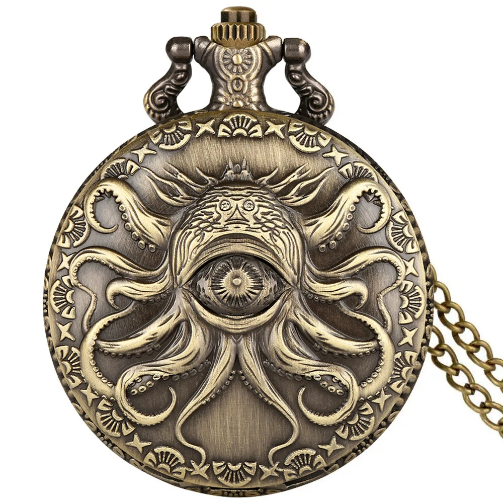 Retro Octopus Pattern Quartz Pocket Watch Arabic Numerals Dial Necklace Pendant Clock Vintage Fashion Timepiece Gift Unisex