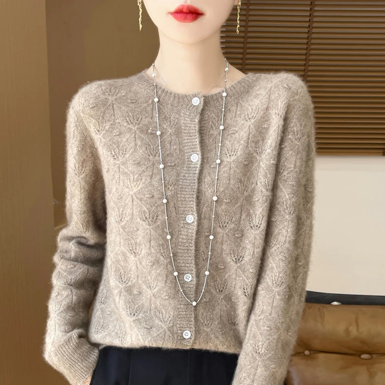 New Autumn Winter Soft Warm Cardigan Woman Cashmere Sweater O-neck Women 100% Merino Wool Sweater Loose Fit Hollow out Top Coat