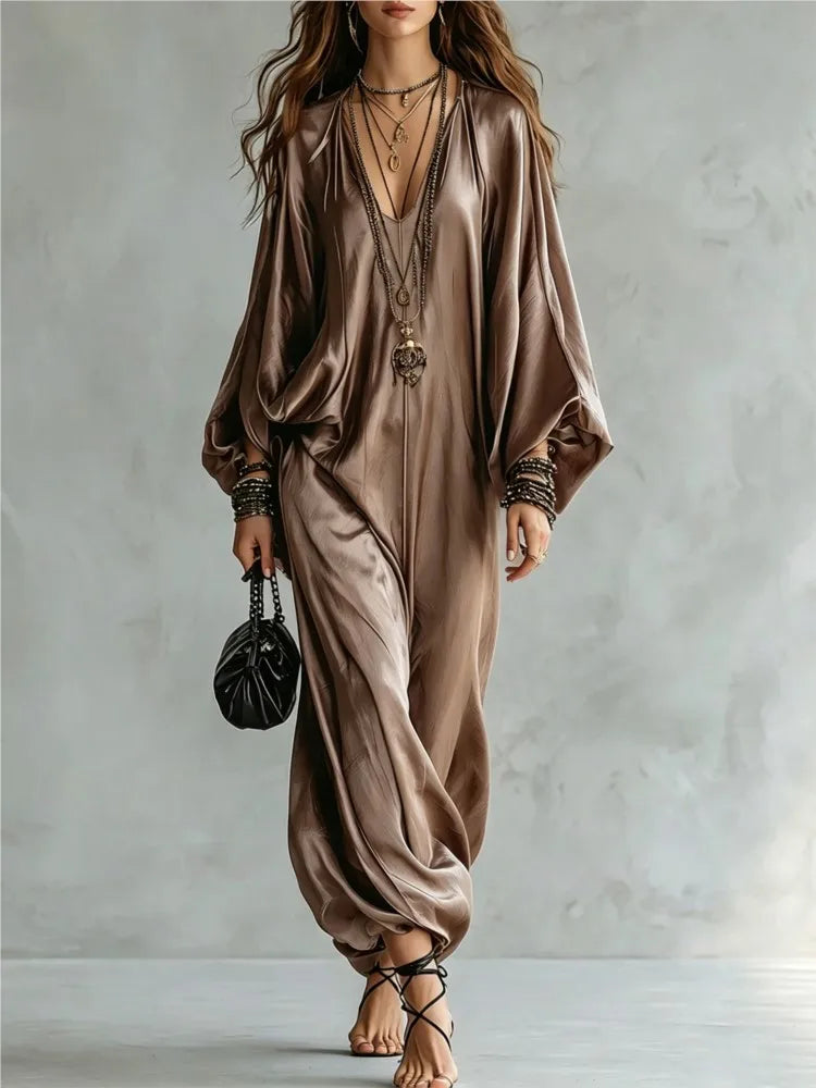 New Spring Autumn Solid V Neck Batwing Sleeve Loose Jumpsuit Women Fashion Satin Wide Leg Pants Jumpsuits Casual Holiday Rompers