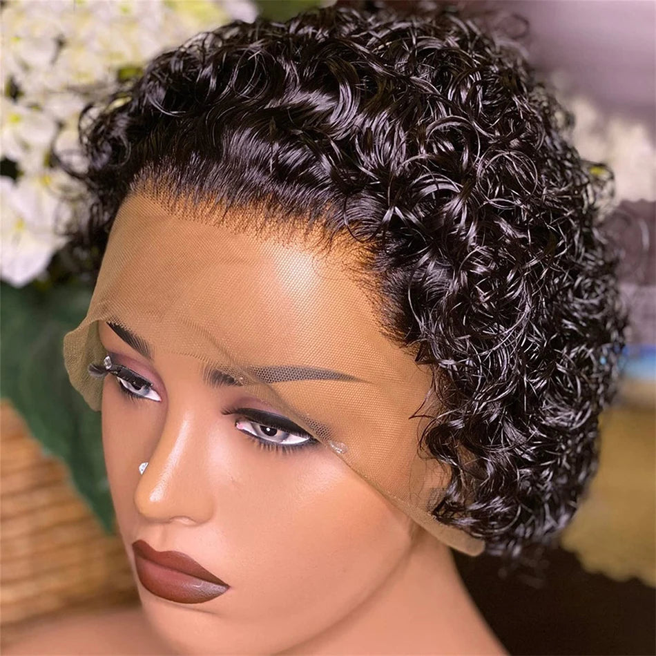 13x4 Lace Frontal Wigs Human Hair Pixie Cut 180% Density Black Color Water Wave Short Pixie Cut Wigs for Women Preplucked