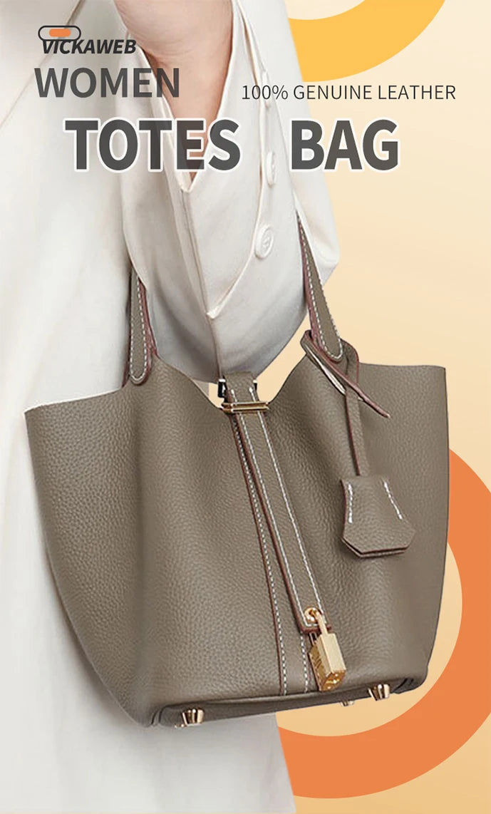 Women Tote Bags 100% Genuine Leather Bucket Female Fashion Solid Designer Shopper Shoulder Handbags Brand Trend Purses