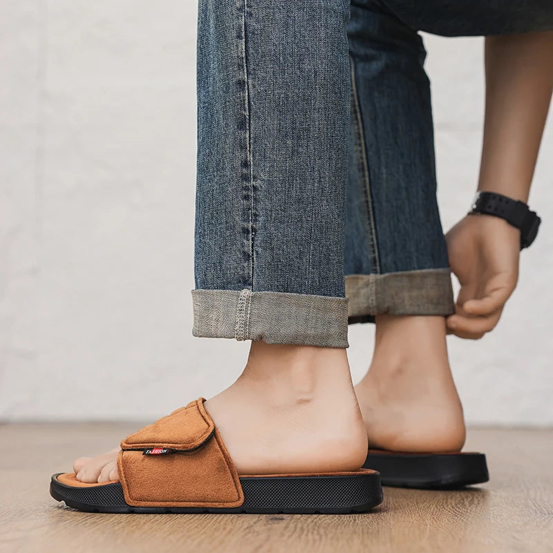 Fashion Men's Slippers Suede Cloth Non-Slip Casual Sandals Platform Soft Home Shoes Indoor Slides Outdoor Beach Shoes Flip-flop