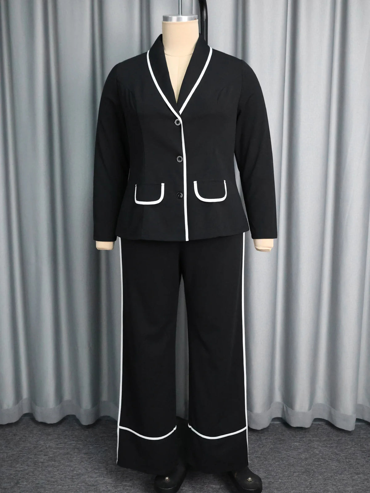 Plus Size Women's Black Contrast Trim Blazer Suit Fashion V-neck Single-breasted Jacket + Wide-leg Pants Two-piece Set Y2K