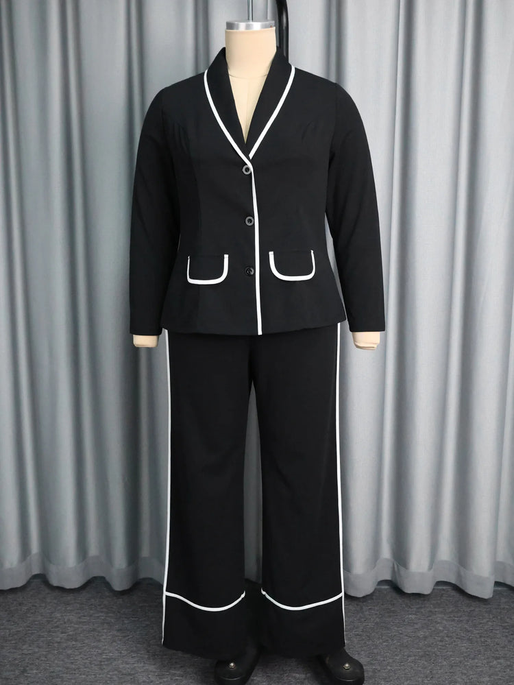 Plus Size Women's Black Contrast Trim Blazer Suit Fashion V-neck Single-breasted Jacket + Wide-leg Pants Two-piece Set Y2K