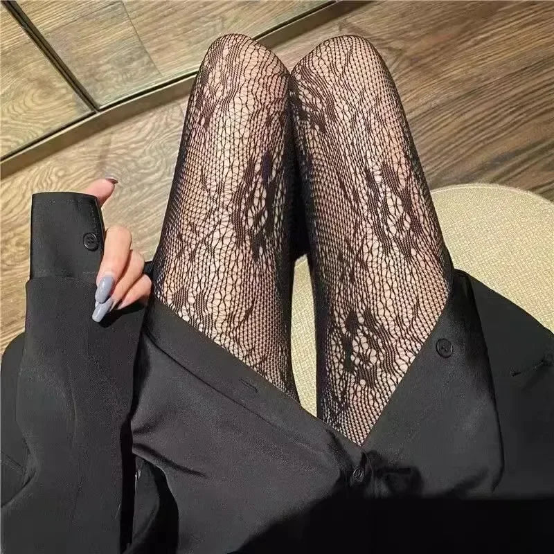 Korean INS Hollowed Lace Mesh Stockings Women Pantyhose Hot Tights Japanese Lolita Retro Floral Rattan Black White Long Socks
