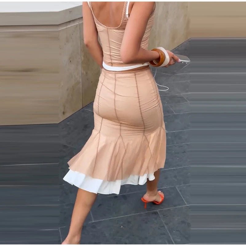 Scallop Trim V‑Neck Cropped Camisole Women's Two‑Piece Set Ruched Seam Midi Flared Skirt Contrast Ruffle Hem Skirt 2026 Vacation