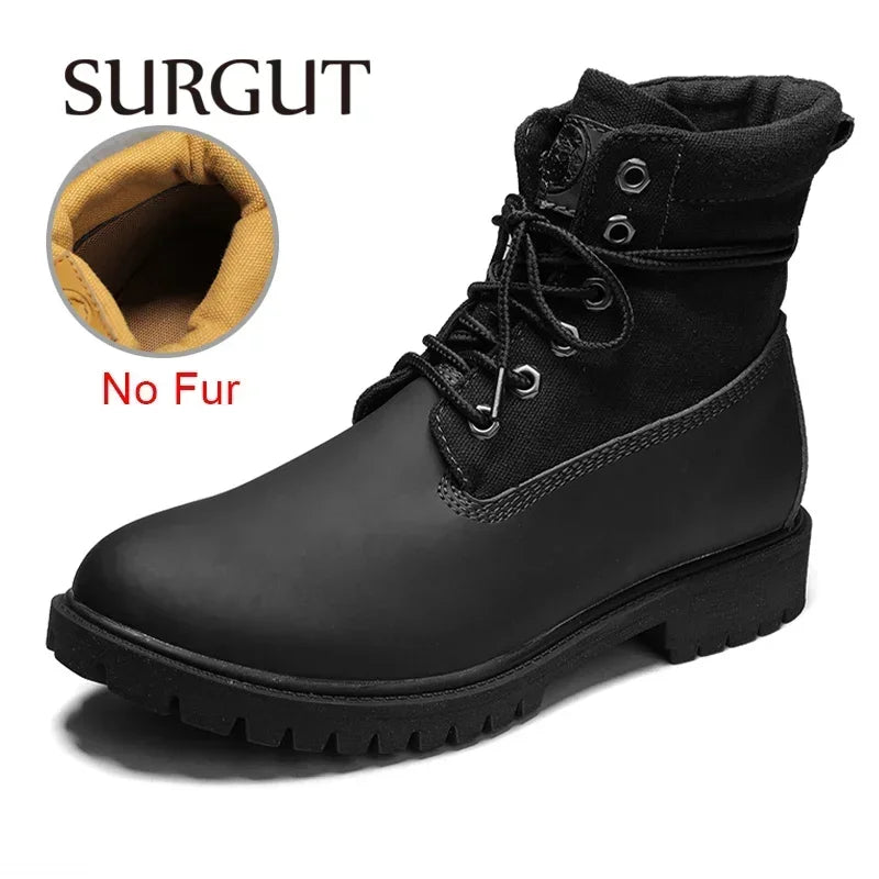 SURGUT Leather Men Boots Comfortable Autumn Winter Plush Keep Warm Shoes Fashion Trends Style Working Boots