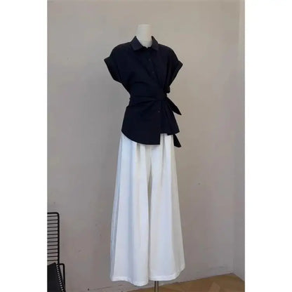 2026 New Women's Fashion Shirt And Pants Set Belted Loose Wide Leg Pants Thin Material Spring Autumn Wear High Waist Polyester