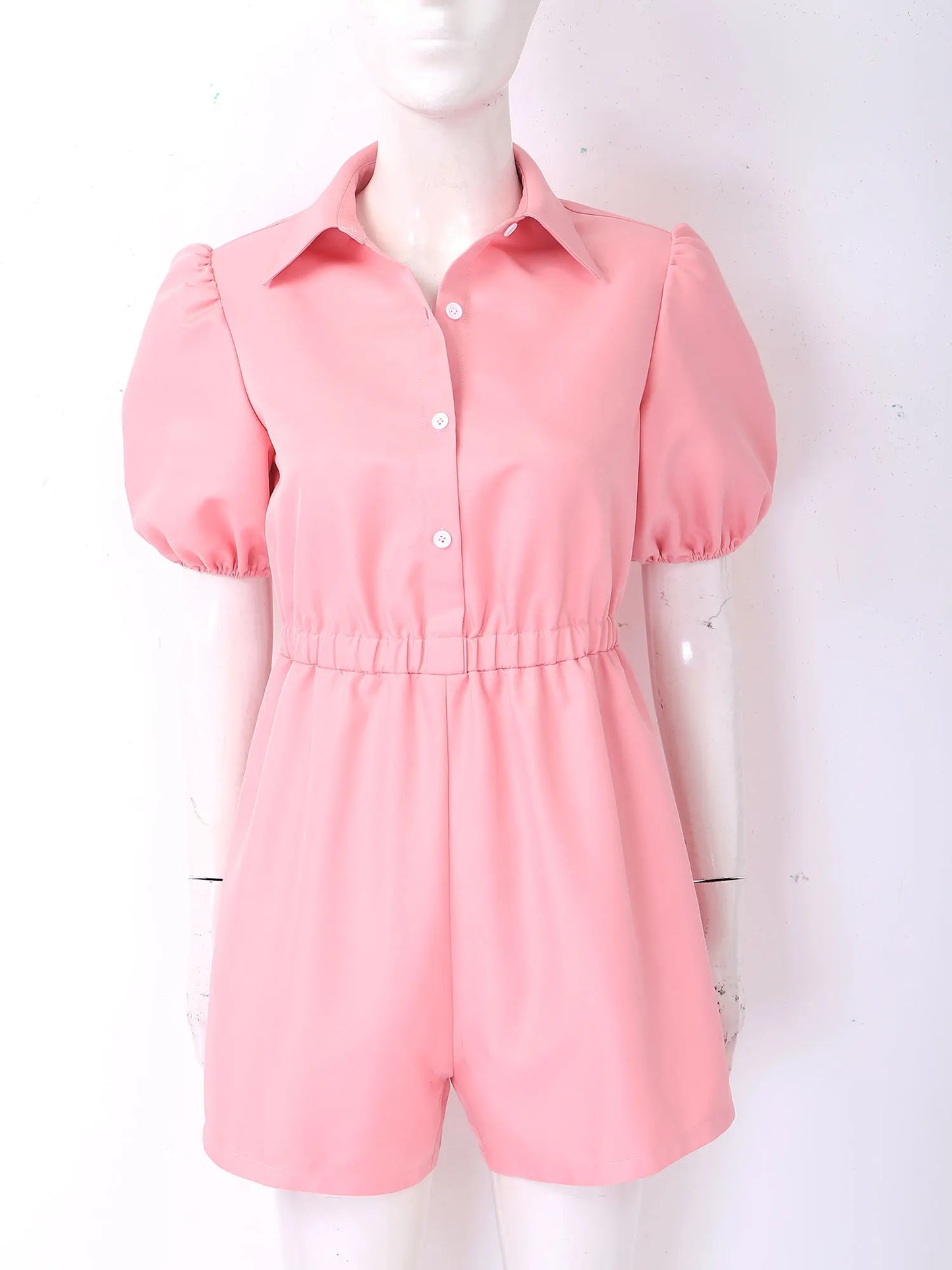 Fashion Women Short Puff Sleeve Romper Lapel Front Button Elastic Waist Shorts Jumpsuit for Office Vacation Casual Clothing
