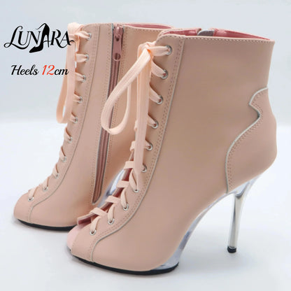 12cm/5Inch Plus size Beige PU Leather Lace-up Side zipper Peep toe High Stilettos Ankle boot Pole dancing Nightclub Rave Parties