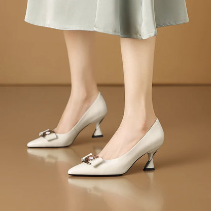 【JOCHEBED HU】Women Genuine Leather Pumps Deer Party Wedding Stiletto Office Pointed Toe Fashion High Heels Leather Shoes 33-43
