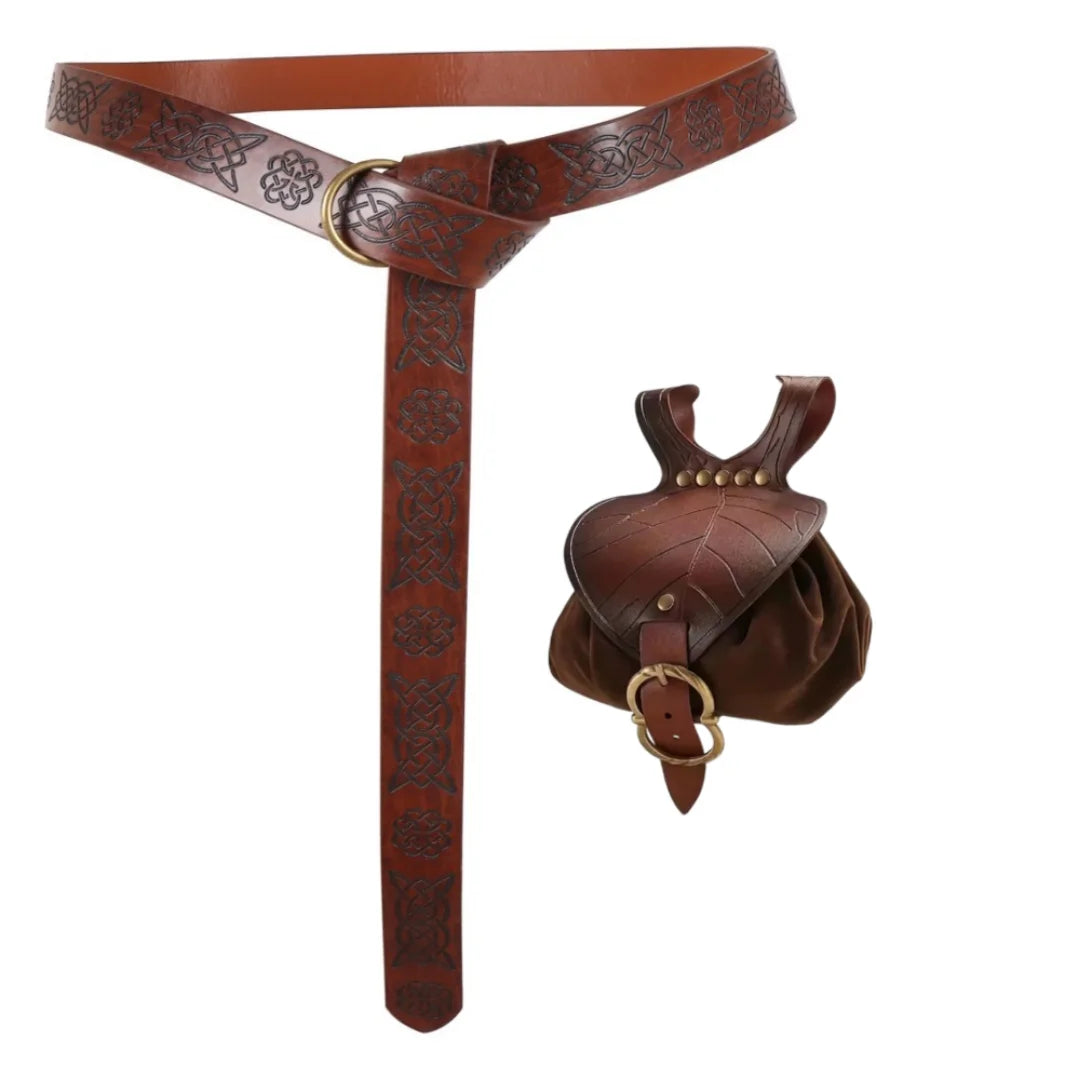 Medieval Waist Bag Retro PU Leather Elf Leaf Copper Coin Waist Bag Belt Accessories Renaissance Dress Belt Waist Bag Props