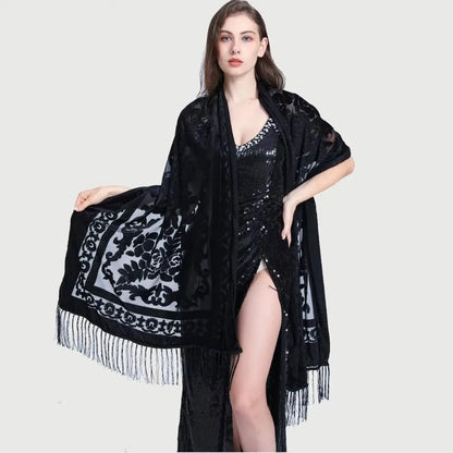 Ethnic Style Chinese Dress Shawl Elegant Design Versatile Use Long Fringed Scarf Warm Material Fringed Edge Velvet Scarf