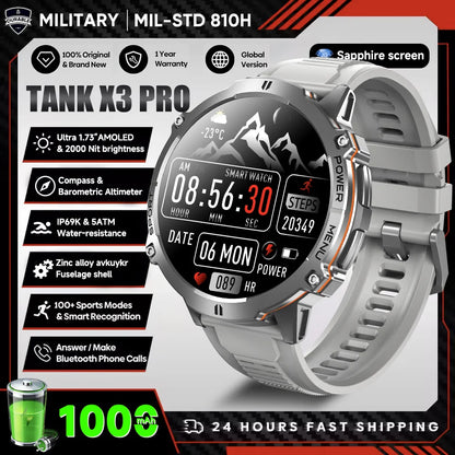 2026 New Military TANK X3 1000mAh Battery Smart Watch Men 10ATM Waterproof Swim GPS Path 1.75" AMOLED HD Call Sports Smartwatch