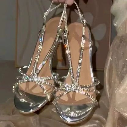 New Shiny Rhinestone High-heeled Sandals Elegant Open-toe Pointed Sandals Wedding Shoes Bridal Luxury Summer Size 35-41