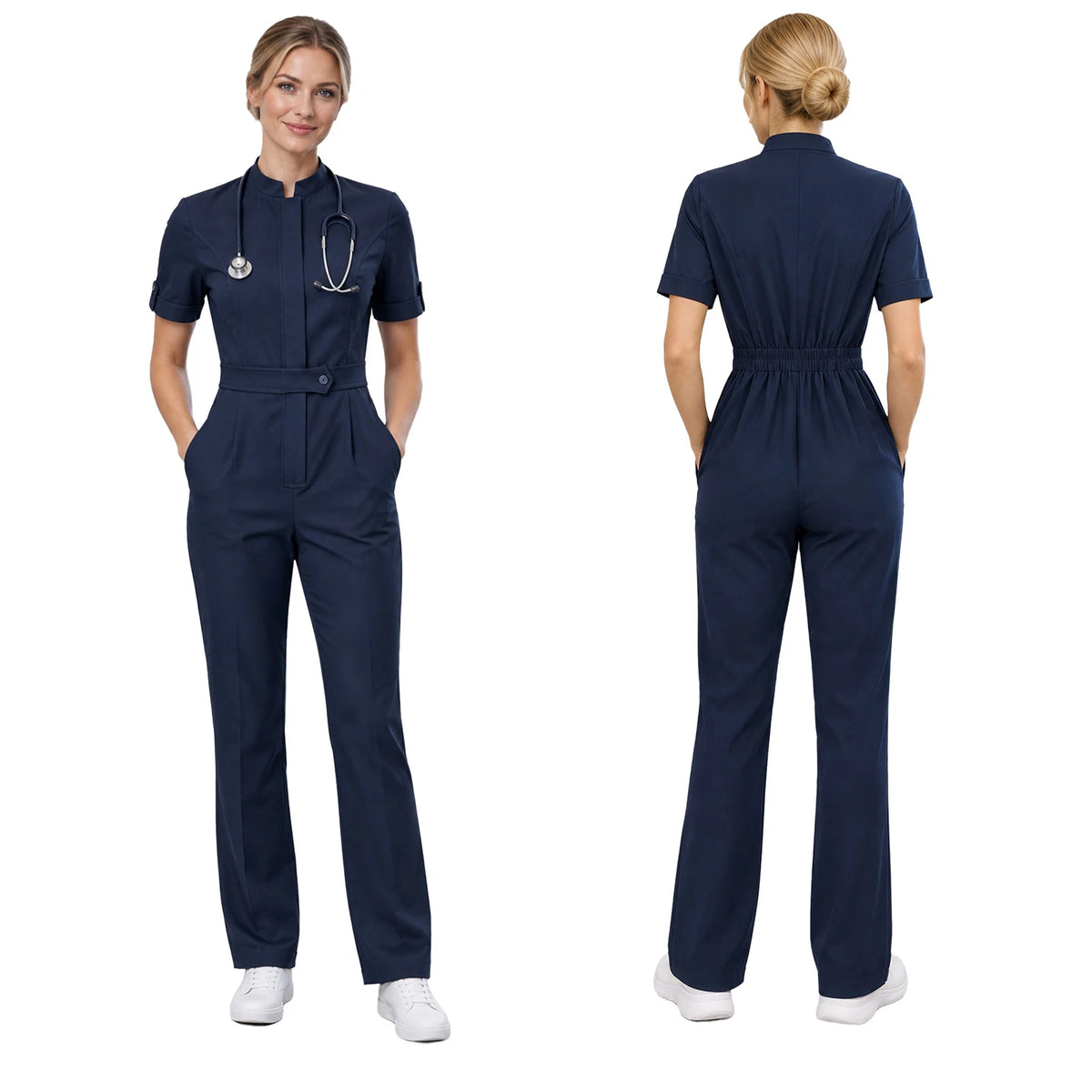 Womens Scrubs Jumpsuit Soft Stretch Medical Scrub Set with Pockets Front Zipper Elastic Waist Jogger Pants Nurse Doctor Workwear
