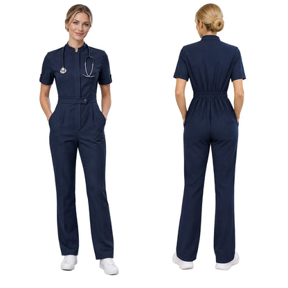 Womens Scrubs Jumpsuit Soft Stretch Medical Scrub Set with Pockets Front Zipper Elastic Waist Jogger Pants Nurse Doctor Workwear