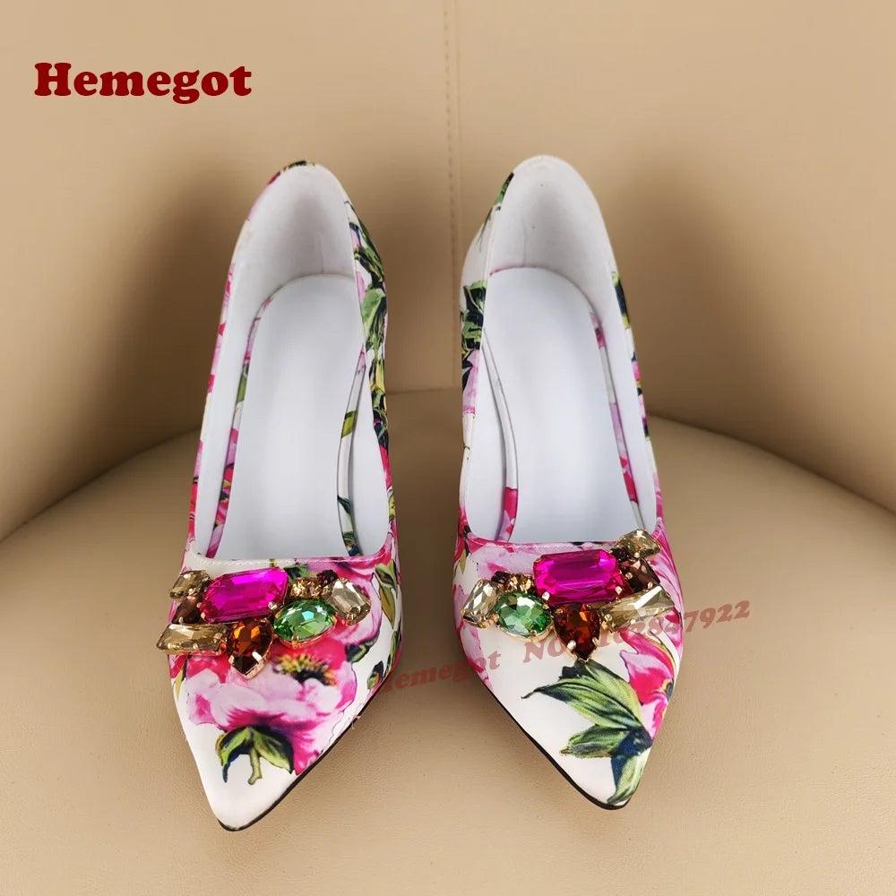 Print Flower Gemstone Pumps Pointy Toe Stiletto Heels Shallow Women's Pumps Colorful Crystals Sexy Elegant Shoes 2025 New Luxury