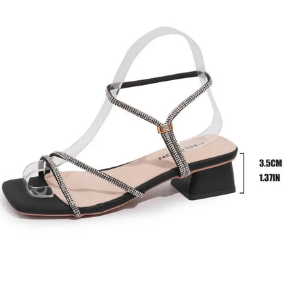 Elegant Square Toe Medium Heel Woman's Sandals Women Summer 2026 Luxury Rhinestore Strap Sandals Plus Size Woman Designer Shoes