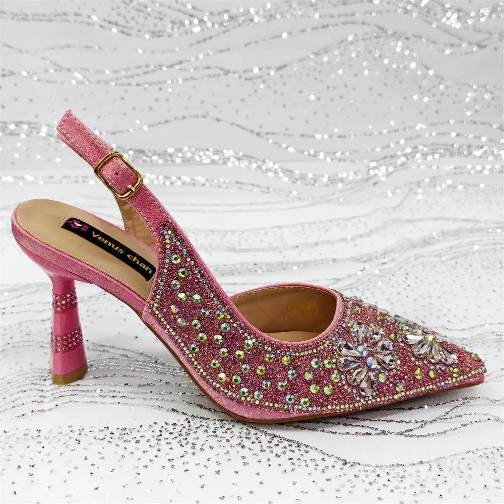 Luxury Handmade Flowers Shoes and Clutch for Women- Nigerian Style Elegant Crystal Heels with Matching Evening Bags