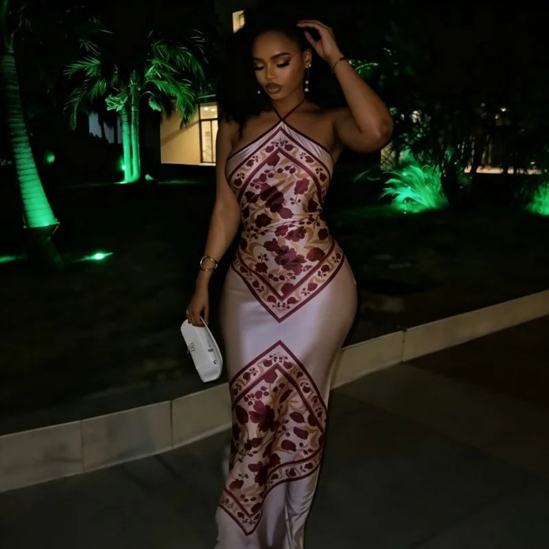 Y2K Hot Girl Tie Halter Satin Mermaid Maxi Dress Floral Scarf Print Backless Bodycon Vacation Women Slip Summer Evening Dresses