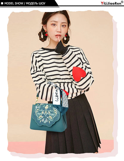 Fashion Embroidery Shoulder Bag Women Designer High Quality Leather Handbag Purse Ladies Small Crossbody Messenger Bag Female