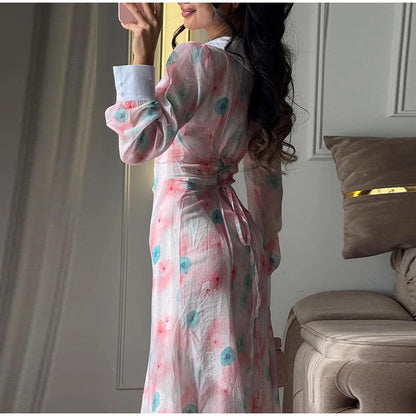 Women Printed V Neck Long Dress Flared Sleeve Lotus Leaf Edge High Waist Slim Fit Maxi Dresses Lady Elegant Evening Party Dress