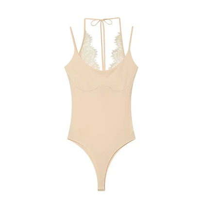 Women's Bodysuit 2026 New Fashion Summer Black Spliced Lace Bodysuit for Women Elegant Chic Personality Spaghetti Strap Bodysuit
