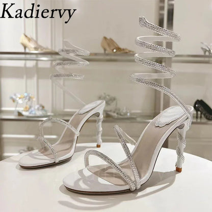 Luxury High Heels Sandals Woman Rhinestone Snake Twine Around Ankle Strap Wedding Shoes Stiletto Summer Gladiator Sandals Women