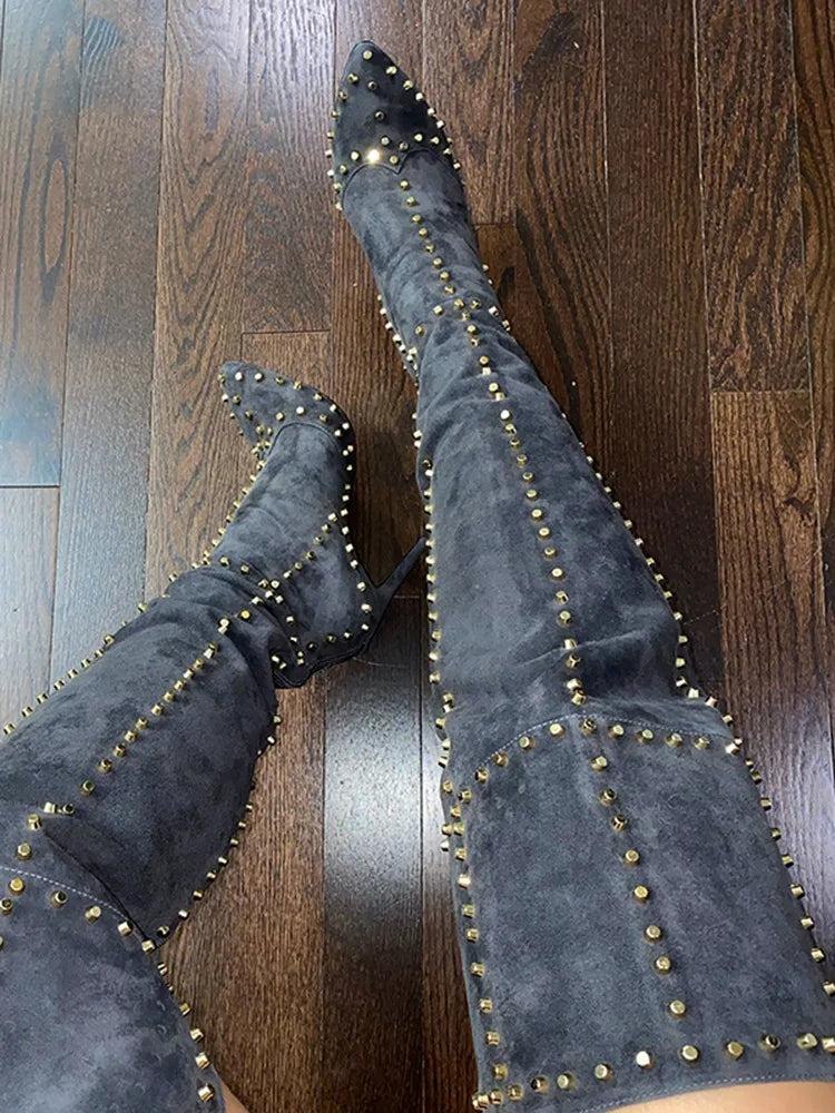 Sexy Green Blue Suede Gold Studs Women Over The Knee Boots Ladies High Heel Thick Slip On Point Toe Rivets Motorcycle Botas