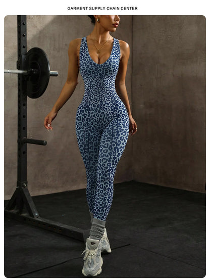 ZHEJIN Leopard Jumpsuit Women Backless Criss Cross Seamless Yoga Romper Scrunch Butt Lifting Workout Bodysuit Gym Fitness Wear