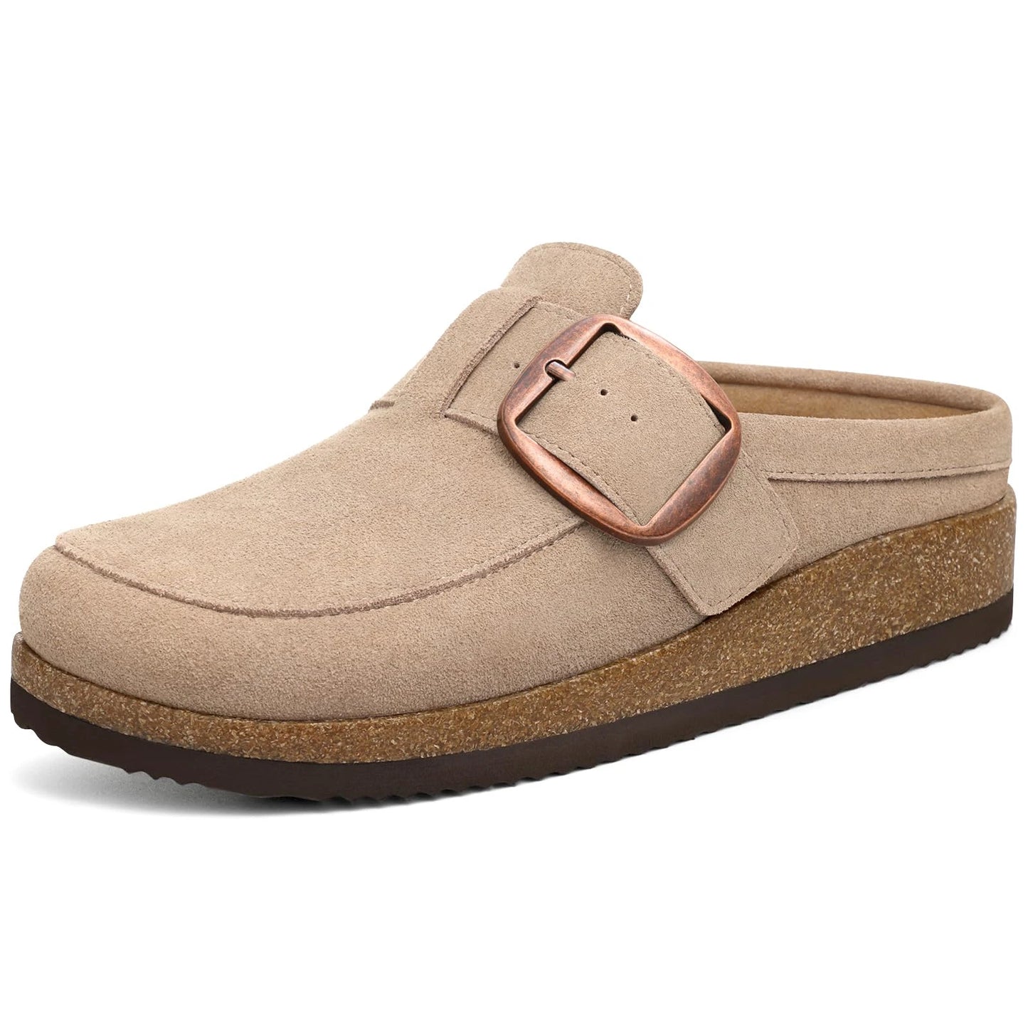 Evshine Women Loafer Style Clog Slippers Vegan Leather Adjustable Big Buckle Cork Footbed Casual Ladies House Home Slippers