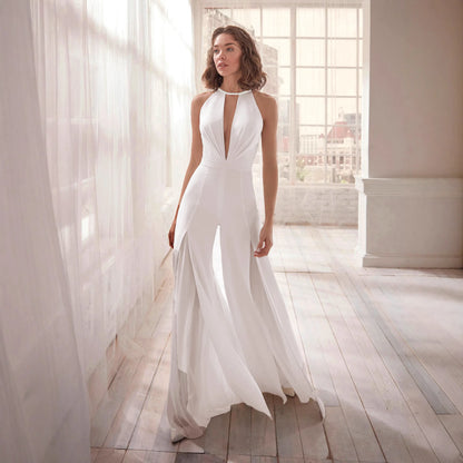 Sexy Deep V-neck Jumpsuits Women Sleeveless Halter Neck Backless Lace Hollow Out Wide Legs Slit Flared Jumpsuit Elegant Fashions