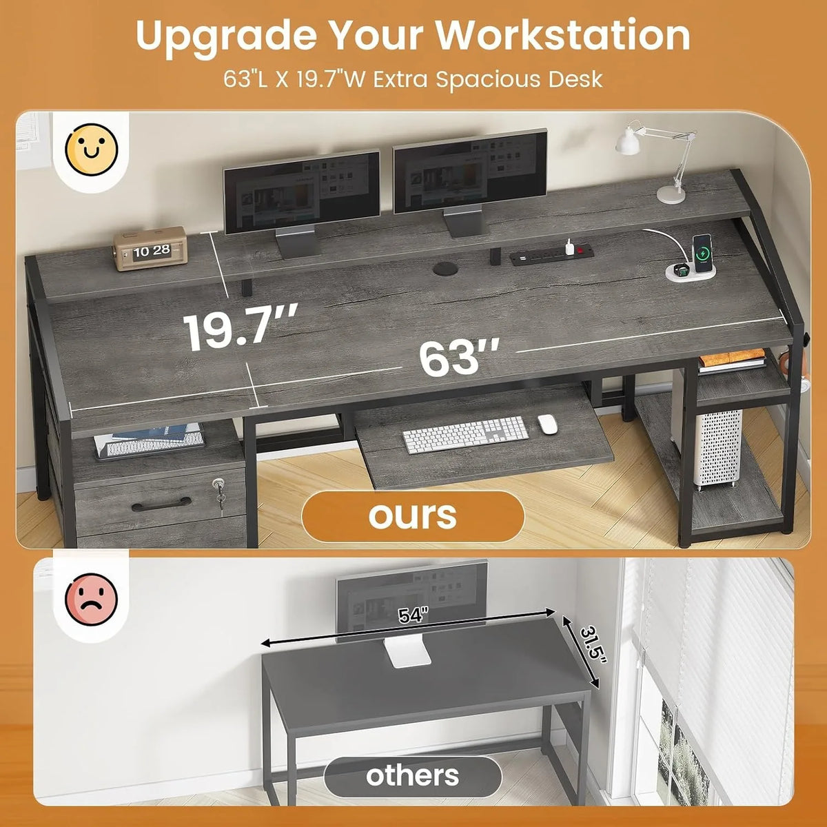 63" Computer Desk, Office Desk with Lockable Drawers for Legal/Letter File, Gaming Desk with LED Lights & Power Outlet, Home Office Desks with Storage, Grey